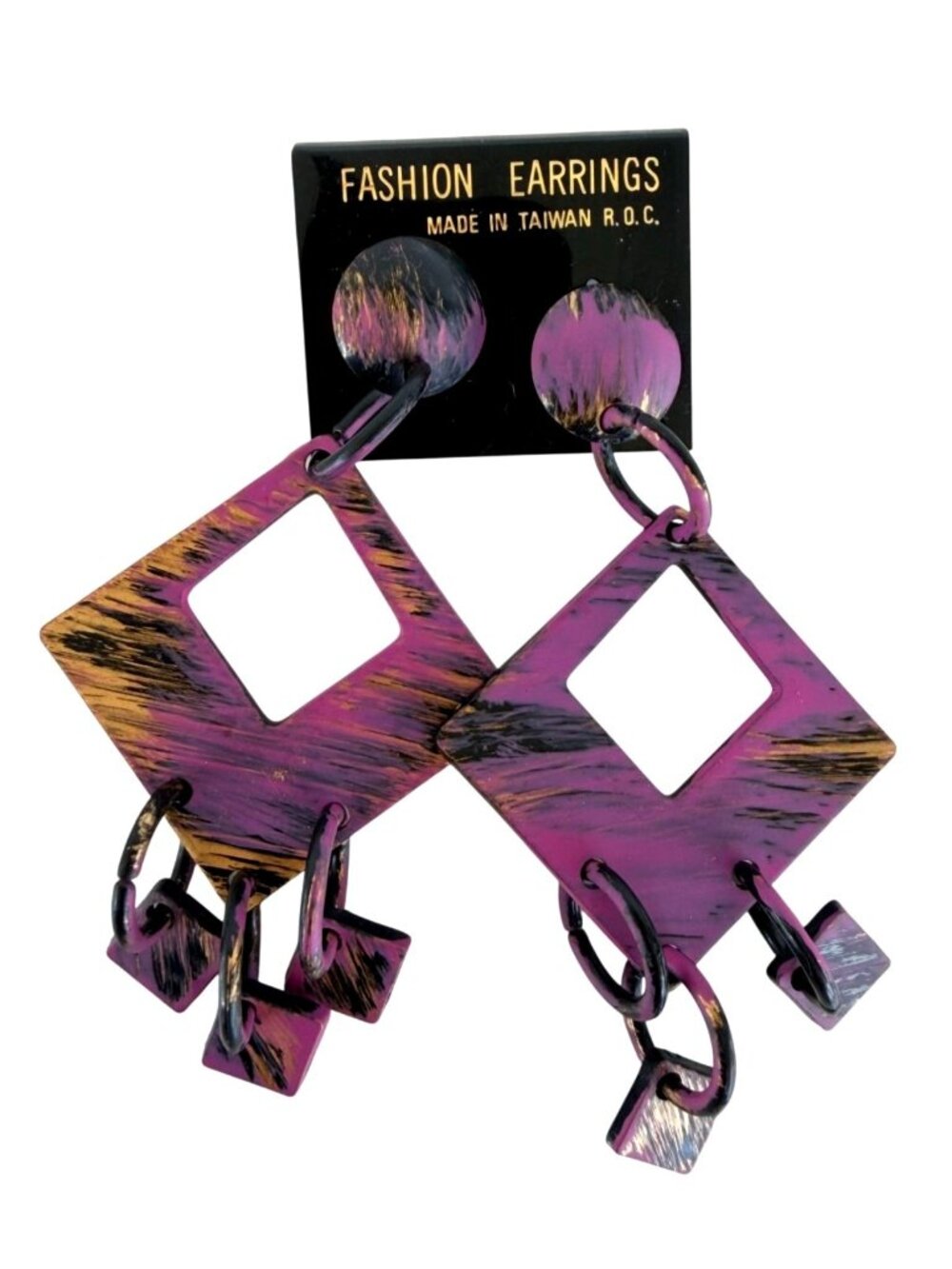 Vintage NOS Statement Pierced Earrings Geometric Purple Black Abstract Dangle